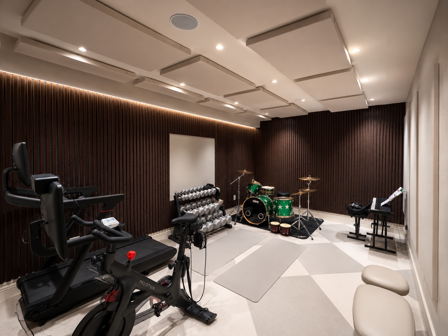 Home Gym/Music Room with Wood Slat Panels, Flush-Mount Ceiling Panels, and Fabric-Wrapped Wall Panels